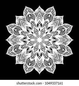 White mandala. Round Ornament Pattern on black background. Vector illustration.