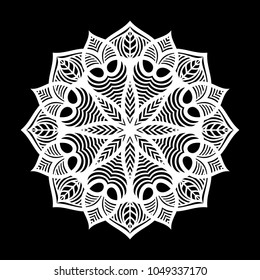 White mandala. Round Ornament Pattern on black background. Vector illustration.