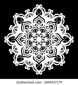 White mandala. Round Ornament Pattern on black background. Vector illustration.