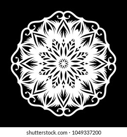 White mandala. Round Ornament Pattern on black background. Vector illustration.
