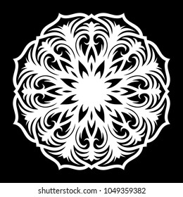 White mandala. Round Ornament Pattern on black background. Vector illustration.