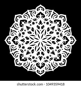White mandala. Round Ornament Pattern on black background. Vector illustration.