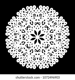 White mandala. Round Ornament Pattern on black background. Vector illustration.