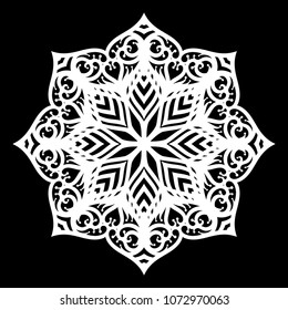 White mandala. Round Ornament Pattern on black background. Vector illustration.