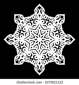 White mandala. Round Ornament Pattern on black background.