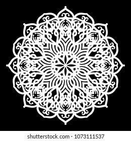 White mandala. Round Ornament Pattern on black background. Vector illustration.