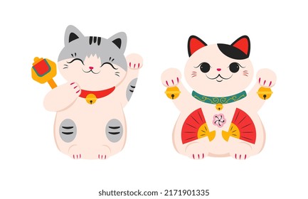 White Maneki Neko, Asian lucky cats set cartoon vector illustration