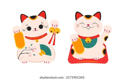 White Maneki Neko, Asian lucky cat. Feng Shui, fortune, folklore toy cartoon vector illustration