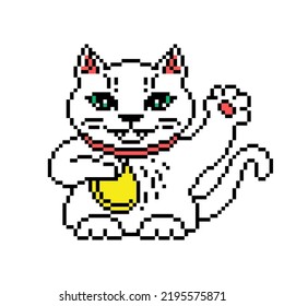 White Maneki neko cat waving and holding a coin, pixel art character isolated on white background. 8 bit japanese lucky charm. Asian talisman.Old school vintage retro slot machine,video game graphics.