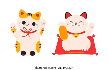 White Maneki Neko, cute Asian lucky cats set. Fortune, folklore toy cartoon vector illustration svg