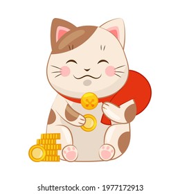 White Maneki-neko Cat with Collar Holding Red Sack as Ceramic Japanese Figurine Bringing Good Luck Vector Illustration