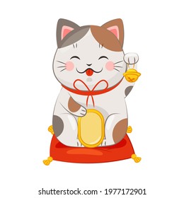 White Maneki-neko Cat Holding Gold Coin and Ringing Bell as Ceramic Japanese Figurine Bringing Good Luck Vector Illustration