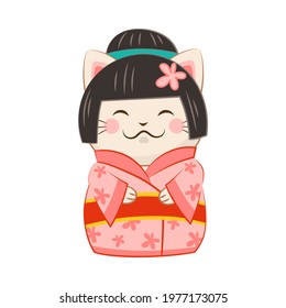 White Maneki-neko Cat in Kimono as Ceramic Japanese Figurine Bringing Good Luck Vector Illustration