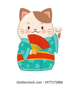White Maneki-neko Cat in Kimono with Raised Left Paw as Ceramic Japanese Figurine Bringing Good Luck Vector Illustration