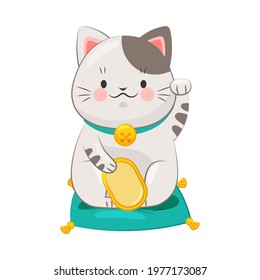 White Maneki-neko Cat with Raised Left Paw and Gold Coin as Ceramic Japanese Figurine Bringing Good Luck Vector Illustration