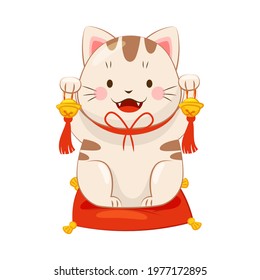 White Maneki-neko Cat Ringing Bell as Ceramic Japanese Figurine Bringing Good Luck Vector Illustration