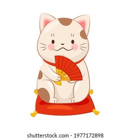 White Maneki-neko Holding Hand Fan with Paw as Ceramic Japanese Figurine Bringing Good Luck Vector Illustration