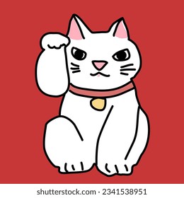 White Maneki-Neko on red background. Cute white beckoning cat with red background. White Manekineko with collar and bell. Vector illustration with hand-drawn style.