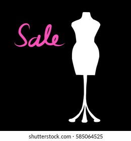 White mannequin dummy for dressmaking with wording "Sale" on black background. Icon for tailoring, dressmaker or sale promotion. Vector illustration with hand drawn style.