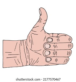 A white man's hand shows a thumbs up gesture. Hand Drawn. Freehand drawing. Doodle. Sketch. Outline.