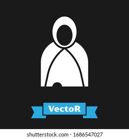 White Mantle, cloak, cape icon isolated on black background. Magic cloak of mage, wizard and witch for halloween design.  Vector Illustration