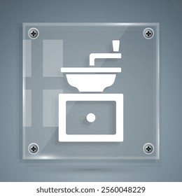 White Manual coffee grinder icon isolated on grey background. Square glass panels. Vector