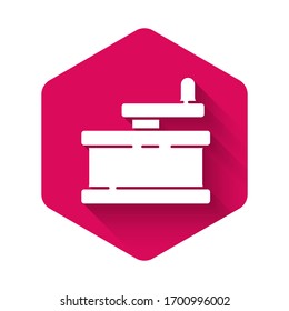 White Manual grinder icon isolated with long shadow. Pink hexagon button. Vector Illustration