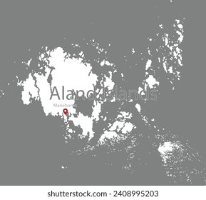White Map of Aland Islands with location marker of the capital and inscription of the name of the country and the capital inside map on gray background
