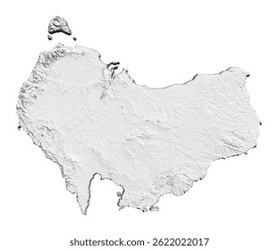 A white map of a Australia with mountains and a coastline. The map is very detailed and shows the terrain of the area