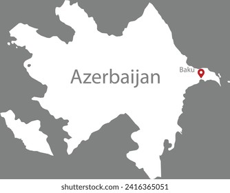 White Map of Azerbaijan with location marker of the capital and inscription of the name of the country and the capital inside map on gray background
