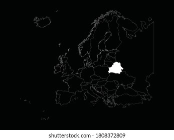 White Map of Belarus on Europe map on black background