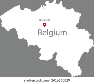 Weiße Karte Belgiens mit Ortskennzeichen der Hauptstadt und Aufschrift des Landes und der Hauptstadt auf grauem Hintergrund