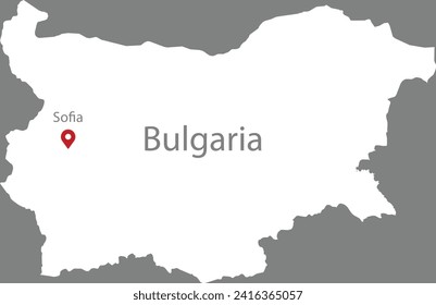 Mapa blanco de Bulgaria con marcador de ubicación de la capital e inscripción del nombre del país y la capital dentro mapa sobre fondo gris