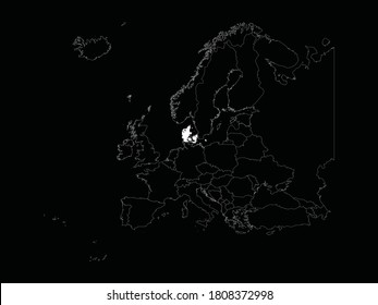 Mapa blanco de Dinamarca en Europa con fondo negro
