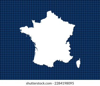 White map design isolated on blue neon grid with dark background of country France - vector illustration