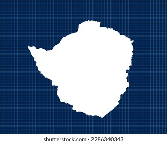 Diseño de mapas blancos aislado en la cuadrícula de neón azul con fondo oscuro del país Zimbabue - ilustración vectorial