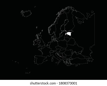 White Map of Estonia on Europe map on black background
