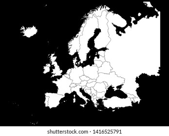 White Map of Europe With Countries on Black Background