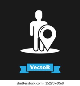 White Map marker with a silhouette of a person icon isolated on black background. GPS location symbol.  Vector Illustration