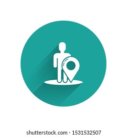 White Map marker with a silhouette of a person icon isolated with long shadow. GPS location symbol. Green circle button. Vector Illustration