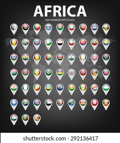 White map markers with flags - Africa.  Original colors. Vector EPS10 illustration.