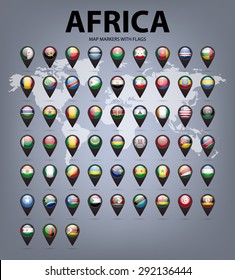 White map markers with flags - Africa.  Original colors. Vector EPS10 illustration.