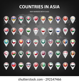 White map markers with flags - Asia.  Original colors. Vector EPS10 illustration.