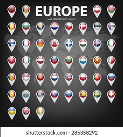 White map markers with flags - Europe. Original colors. 