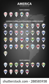 White map markers with flags - North and South America, Caribbean Islands, countries, Central America Islands.. Vector EPS10 illustration.