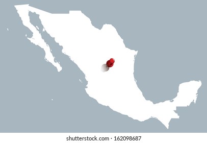 white map of Mexico with red push pin indication the position of