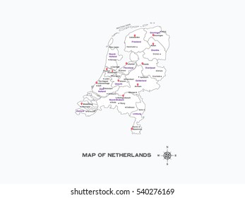 White map of Netherlands with city name on gray background