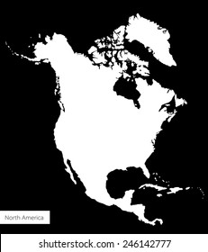 white Map of North America on black background. Isolated silhouette continent
