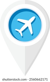 A white map pin with a blue circular center and an airplane symbol, representing flight locations, travel, and aviation.