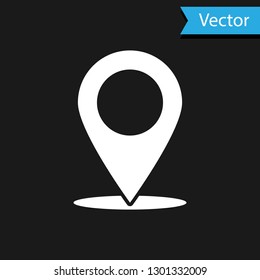 White Map pin icon isolated on black background. Pointer symbol. Location sign. Navigation map, gps, direction, place, compass, contact, search concept. Vector Illustration